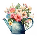 Watercolor watering can with spring flowers. Watercolor floral illustration