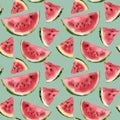 Watercolor watermelon semless pattern. Hand painted watermelon slice isolated on pastel blue background. Sweet dessert