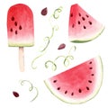 Watercolor watermelon slices and popsicles isolated on white background. Summer food clipart.