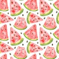 Watercolor watermelon slices and seeds seamless pattern. Colorful watercolor illustration. Royalty Free Stock Photo