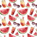 Watercolor watermelon, sunglass and cocktail seamless pattern. Hand painted watermelon slice with fruit cocktail