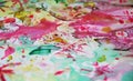 Watercolor waxy green blurred burnt pink yellow blurred waxy gold spots colorful hues, strokes of brush, backgrounnd Royalty Free Stock Photo