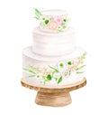 Watercolor wedding cake with floral arrangements on wood stand illustration. Hand drawn 3 tiered white cream dessert