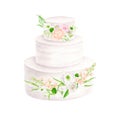 Watercolor wedding cake with flowers illustration. Hand drawn 3 tiered white cream dessert isolated on white. Clipart