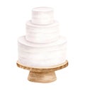 Watercolor wedding cake on wood stand illustration. Hand drawn 3 tiered white cream cake. Rustic dessert isolated