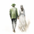Watercolor Wedding Card Illustration With Green Hat Couple Royalty Free Stock Photo