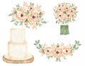 Watercolor Wedding Clipart, Cake, Flower bouquet, Summer Floral Wedding decor, Wood Slice Clipart, Save the Date