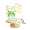Watercolor wedding drinks illustration. Hand painted champagne glasses, gold wedding rings and flowers isolated on white Royalty Free Stock Photo