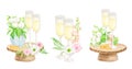 Watercolor wedding drinks set. Hand drawn champagne glasses, gold wedding rings and flowers isolated on white background Royalty Free Stock Photo