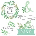 Watercolor Wedding Foliage Save the Date Leaves Leaf Scroll Banner Wreath Clipart