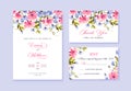 Watercolor Wedding invitation with wild flowers, thank you and rsvp cards, vector template.