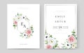 Watercolor, wedding invite, save the date set. Floral template. Delicate garden pink roses, white anemone flowers, green seeded Royalty Free Stock Photo