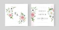 Watercolor, wedding invite, save the date set. Floral template. Delicate garden pink roses, white anemone flowers, leaves bouquet Royalty Free Stock Photo