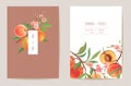 Watercolor wedding peach floral invitation. Exotic fruits, flowers, leaves card. Botanical Save the Date