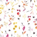 Watercolor wedding seamless pattern with wild flowers. Red, yellow, gold watercolor flowers, twigs, leaves, buds