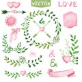 Watercolor Wedding set.Branches,laurels wreath,pink decor