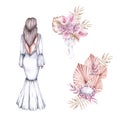 Watercolor wedding set bride back in dresses and bouquets in boho style