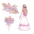 Watercolor wedding set bride back in dresses and bouquets in boho style