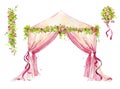 Watercolor wedding tent with roses decoration, romantic setting for event Royalty Free Stock Photo