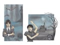 Watercolor Wednesday Addams Clipart, Spooky backgrounds with Addams family House and dark tree