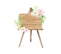 Watercolor welcome signboard illustration. Hand painted wood easel with flowers and leaves isolated on white background