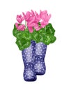 Watercolor wellies with flowers illustration in provence style. Rubber boots. Bouquet of flowers.