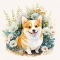 Fresh Blooms and Furry Friends: Welsh Corgi Spring Watercolor AI Generated