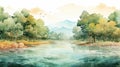 Watercolor Wet: River With Cantaloupe Trees Illustration