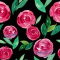 Watercolor wet roses on black seamless pattern. Royalty Free Stock Photo