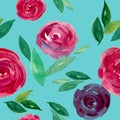 Watercolor wet roses on blue seamless pattern. Royalty Free Stock Photo