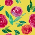 Watercolor wet roses on yellow seamless pattern. Royalty Free Stock Photo