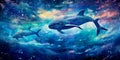 Watercolor whales adorned with celestial patterns, swimming through a cosmic sea filled with stardust and constellations