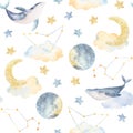 Watercolor whales, clouds, moon, stars, seamless pattern. Watercolor illustrations clip art. For t-shirt print, wear