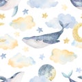 Watercolor whales, clouds, moon, stars, seamless pattern. Watercolor illustrations clip art. For t-shirt print, wear