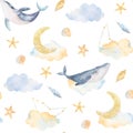Watercolor whales, clouds, moon, stars, seamless pattern. Watercolor sea animals illustrations. Background print, For