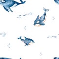 Watercolor whales seamless pattern Hand drawn cute illustration with whales. Perfect for wrapping paper, wallpapers,prints and