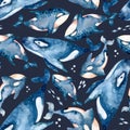 Watercolor whales seamless pattern . Hand drawn cute illustration with whales. Perfect for wrapping paper, wallpapers,prints and