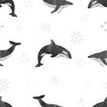 Watercolor whales seamless pattern.