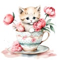 Watercolor Whimsy: Tabby Kitten in a Teacup