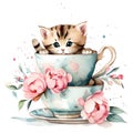 Watercolor Whimsy: Tabby Kitten in a Teacup