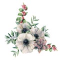 Watercolor white anemone and pink succulent bouquet. Hand painted colorful flower, eucalyptus leaves and berries