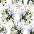 Watercolor white big peony with different garden flowers. Floral seamless pattern. Royalty Free Stock Photo
