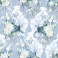 Watercolor white big peony with different garden flowers. Floral seamless pattern.