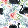 Watercolor white and black swan lake seamless pattern. Beautiful birds with flowers, leaves, berries on white background Royalty Free Stock Photo