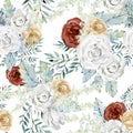 Watercolor white and blue boho floral seamless pattern with flower bouquet. Burgundy and white Rose Royalty Free Stock Photo