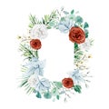 Watercolor white and blue floral frame with burgundy rose, eucalyptus branch, fir branch, twigs spruse, wild flower. Royalty Free Stock Photo