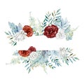Watercolor White And Blue Floral Frame With Burgundy Rose, Greenery And Blue Branch, Pampas Grass, Wild Flower.