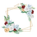 Watercolor white and blue floral frame with burgundyvand golden rose, fir branch, twigs spruse.