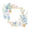 Watercolor white and blue floral frame with golden rose pampas grass wild flower. Botanical golden glitter texture