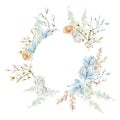 Watercolor white and blue floral frame with golden rose pampas grass wild flower. Botanical illustration